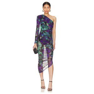 Misha Ramona Mesh Midi Dress Watercolor Floral One Shoulder Size M